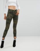 Arrive Camo Print Jean With Split Hem Detail - Green