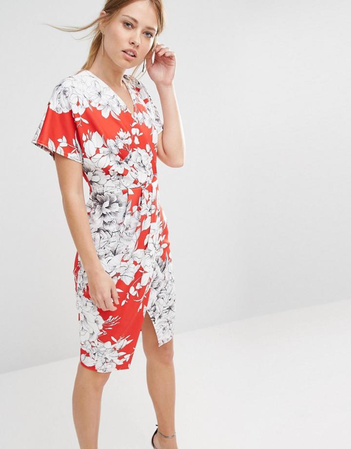 Closet Floral Print V-neck Cross Over Midi Dress - Pink