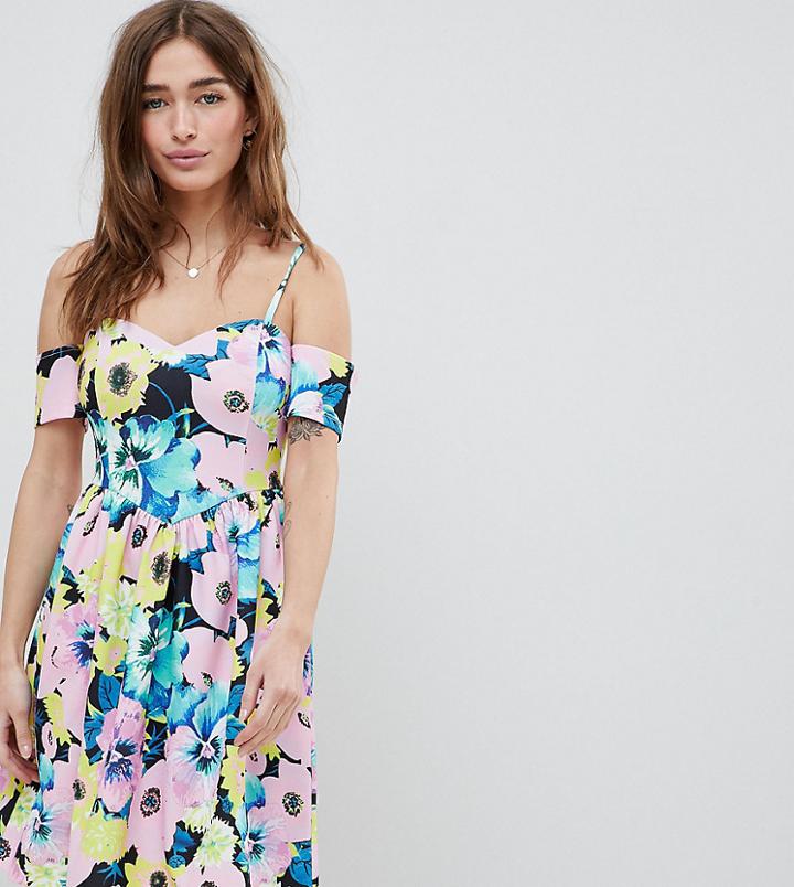 Asos Design Petite Cold Shoulder Floral Print Prom Dress - Multi