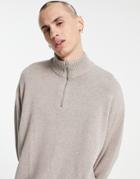Asos Design Midweight Oversized Half Zip Sweater In Stone-neutral