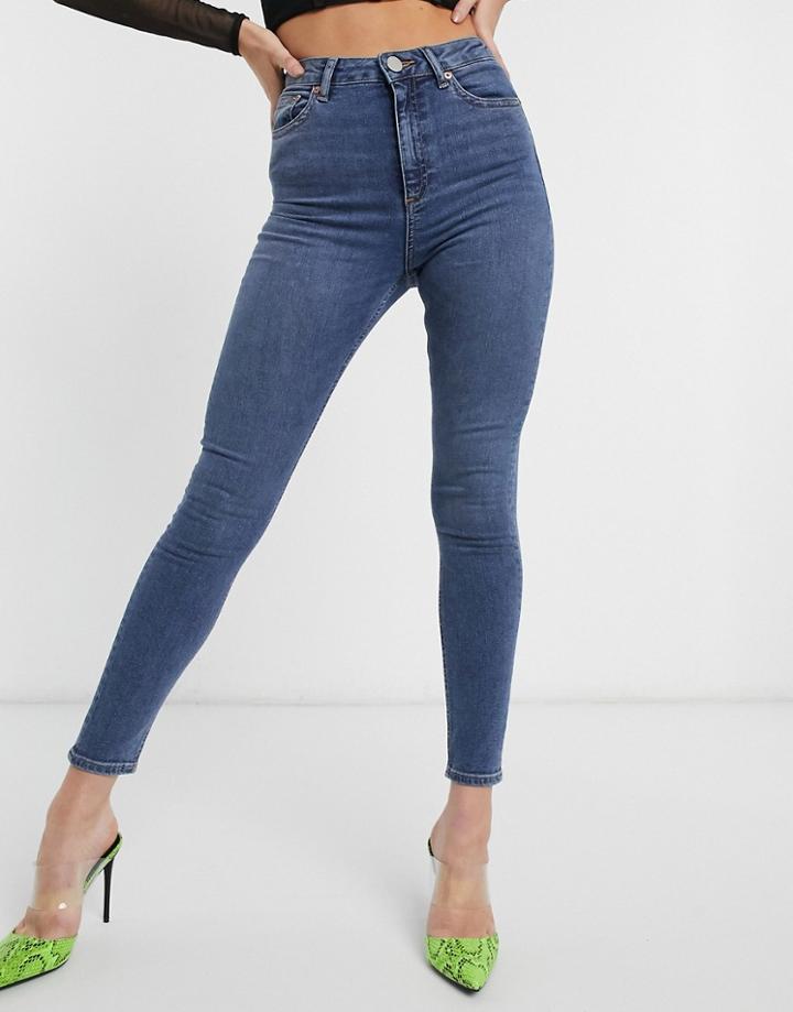 Asos Design High Rise Ridley 'skinny' Jeans In Vintage Midwash Blue-blues