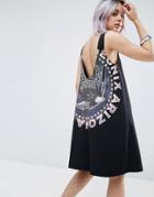 Asos Phoenix Print Swing Dress With Low Back - Black