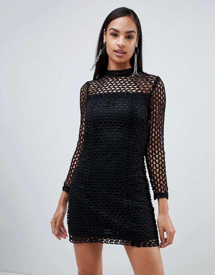 Rare London Long Sleeve Crochet Dress - Black