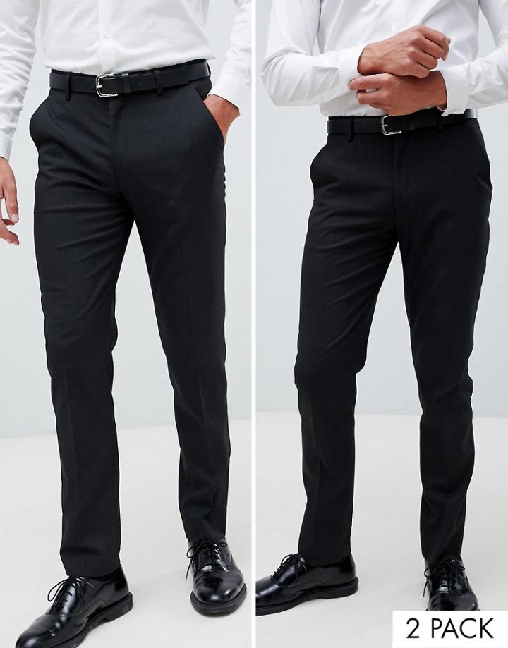 Asos Design 2 Pack Skinny Smart Pants In Charcoal Save - Gray