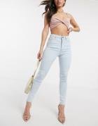 Asos Design High Rise Ridley 'skinny' Jeans In Lightwash Blue With Raw Hem-blues