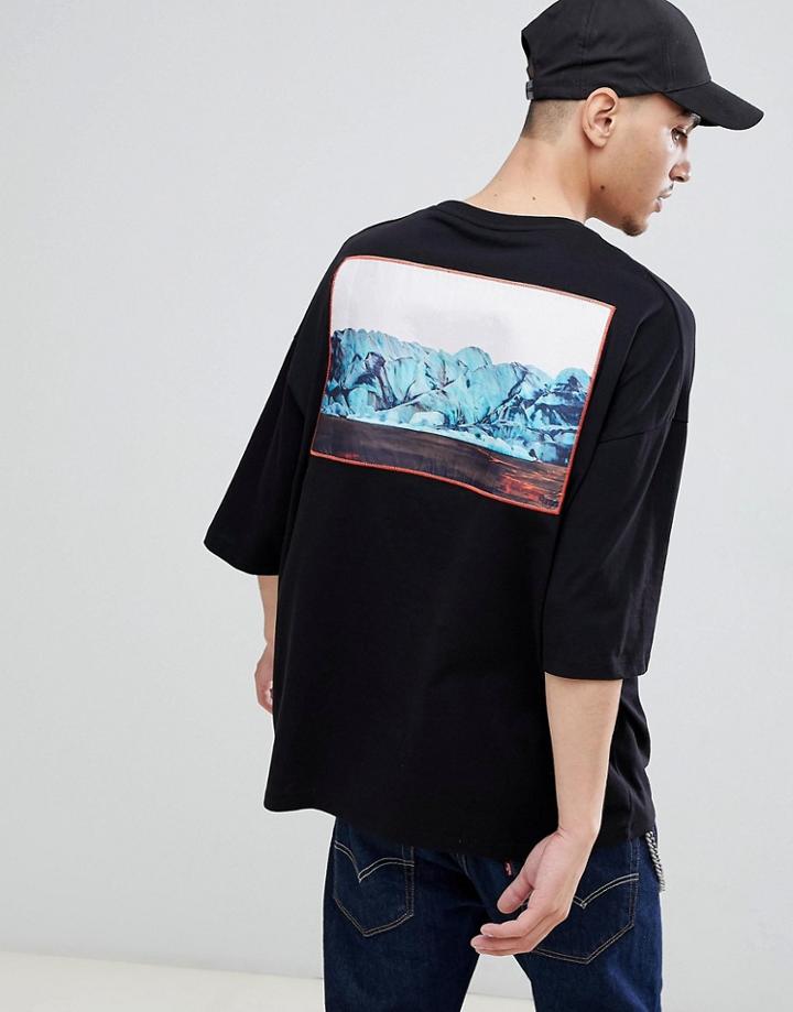 Asos Design Oversized T-shirt With Woven Sewn On Abstract Patch With Half Sleeve - Black