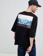 Asos Design Oversized T-shirt With Woven Sewn On Abstract Patch With Half Sleeve - Black