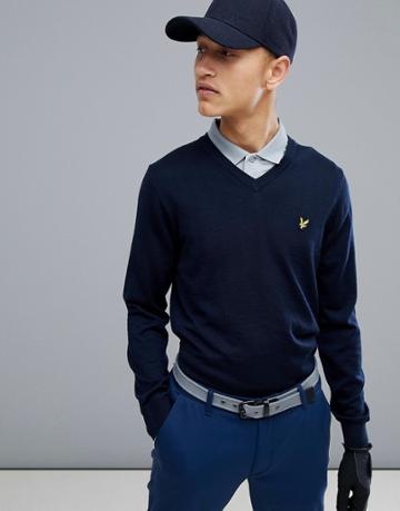 Lyle & Scott Golf Bowmont V Neck Merino Knit Jumper In Navy - Navy