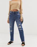 Stradivarius Authentic Mom Jeans In Ripped In Dark Wash - Blue