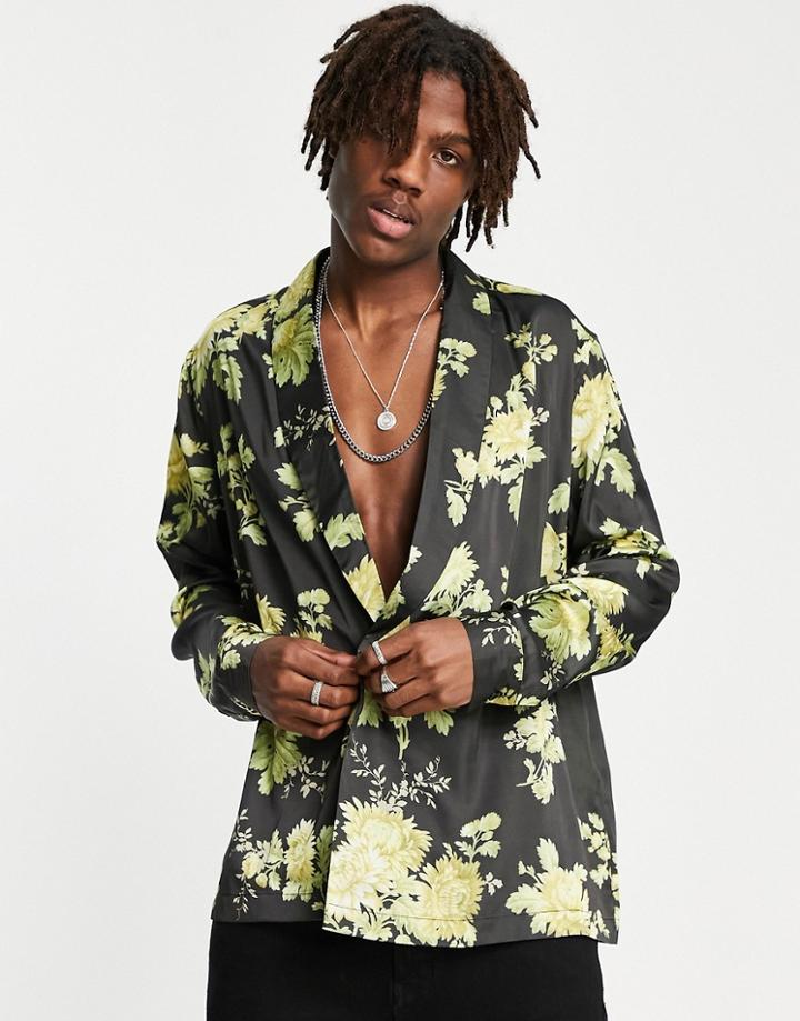 Asos Design Satin Shirt With Double Breasted Front In Black Floral Print