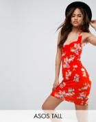 Asos Tall Halter Neck Mini Dress With Ruched Bodice In Red Floral - Red