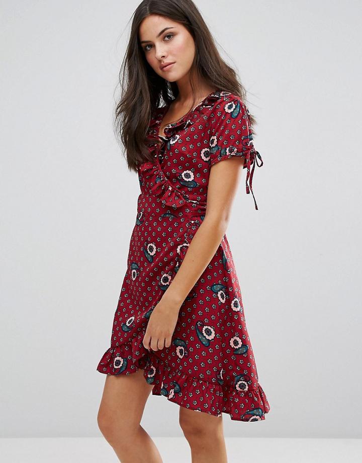 Uttam Boutique Paisley Print Frill Wrap Dress - Red