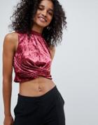 Unique 21 High Neck Velvet Crop Top - Red