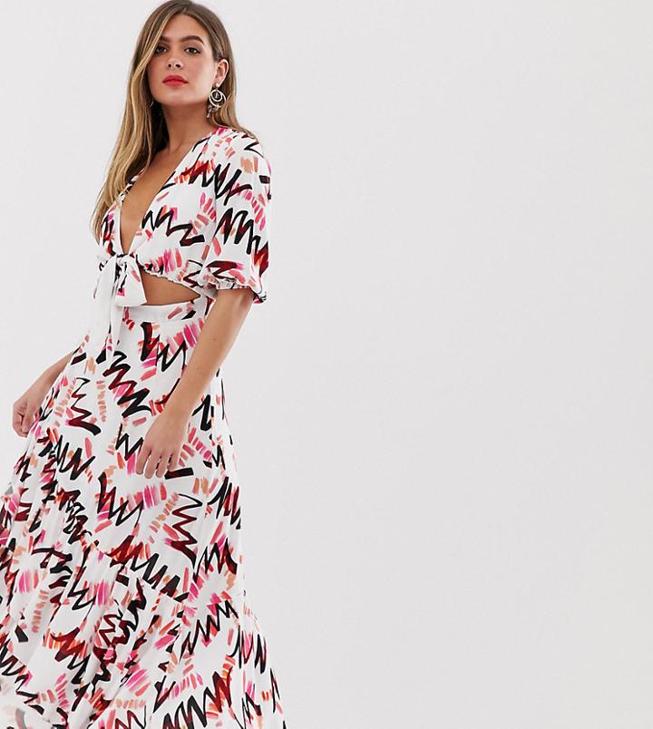 Dark Pink Tie Front Asymmetric Midaxi Dress In Abstract Print - Multi