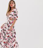 Dark Pink Tie Front Asymmetric Midaxi Dress In Abstract Print - Multi