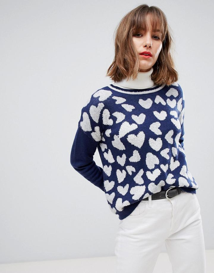 Esprit Heart Heart Print Sweater In Blue - Pink
