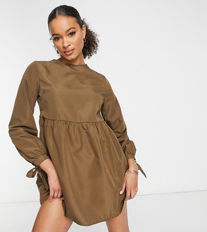 Missguided Smock Dress With Tie Cuff In Khaki-green