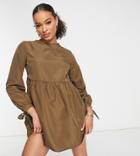 Missguided Smock Dress With Tie Cuff In Khaki-green