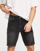 Asos Design Slim Denim Shorts With Rips In Washed Black