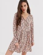 Daisy Street Long Sleeve Smock Dress With Button Front In Ditsy Floral-multi