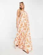 Asos Design Drop Hem Cami Maxi Beach Dress In Natural Tropical Print-multi