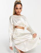 Femme Luxe Ruched Sleeve Tie Detail Satin Top In Cream - Part Of A Set-neutral