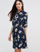 Style London Pussybow Dress In Floral Print - Navy