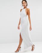 Naanaa Sequin Lace Maxi Dress With Thigh Split - Silver