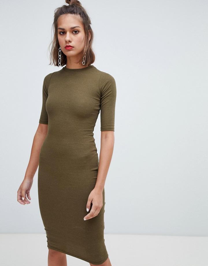 Pull & Bear Long Sleeve Bodycon Dress In Khaki - Green