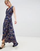 Qed London Floral Print Wrap Maxi Dress With Frill - Navy