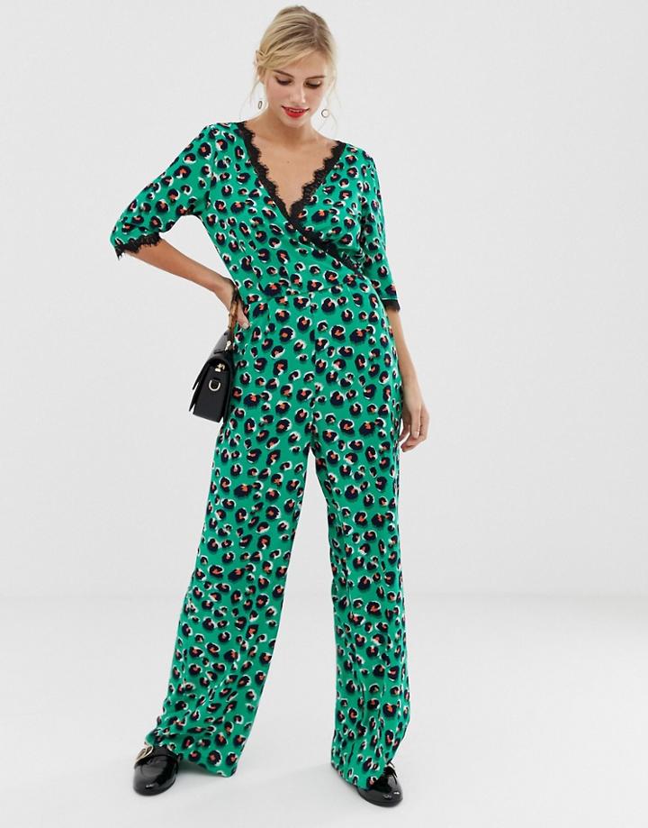 Liquorish Wrap Front Jumpsuit In Bright Leopard Print With Lace Trim Sleeve Detail - Multi
