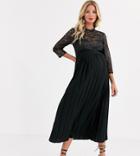 Little Mistress Maternity Pleated Midaxi Dress With Metallic Lace In Black
