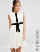 Asos Petite Occasion Pleat Skater Dress With Contrast Bow - Cream