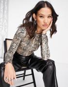 Bershka Lettuce Hem Long Sleeve T-shirt In Beige Snake Print-neutral
