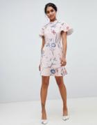 Oasis Skater Dress With Ruffle Sleeves In Pink Floral - Multi