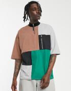 Asos Design Oversized T-shirt With Turtle Zip Neck And Utility Pocket In Patchwork Color Block - Multi