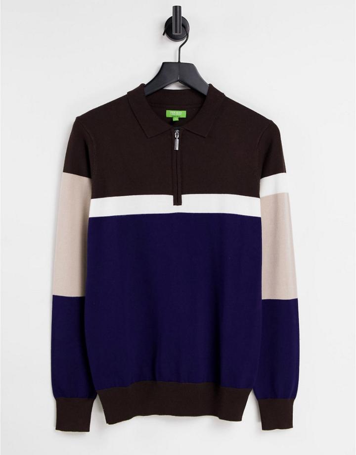 Gianni Feraud Striped Knitted Zip Polo Shirt-brown