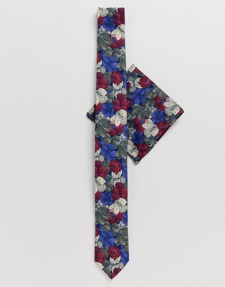 Twisted Tailor Tie And Pocket Square Set In Blue Floral Print - Blue
