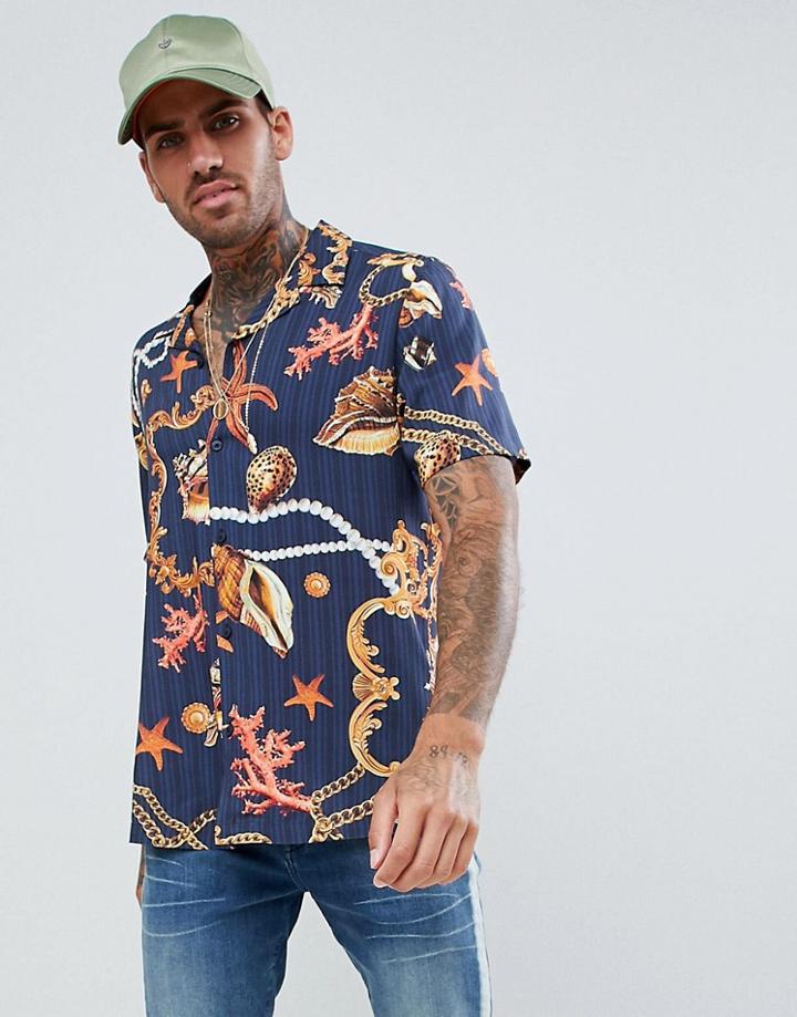 Asos Design Regular Fit Viscose Shirt With Seashell Baroque Print - Navy