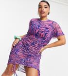 Asos Design Curve Printed Mesh Dress With Ruching In Multi
