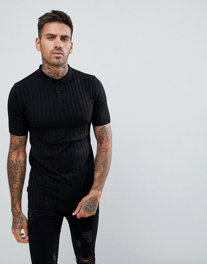 Gym King Rib Knit Polo Shirt In Black - Black