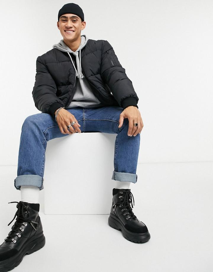 Asos Design Puffer Bomber Jacket With Ma1 Pocket In Black