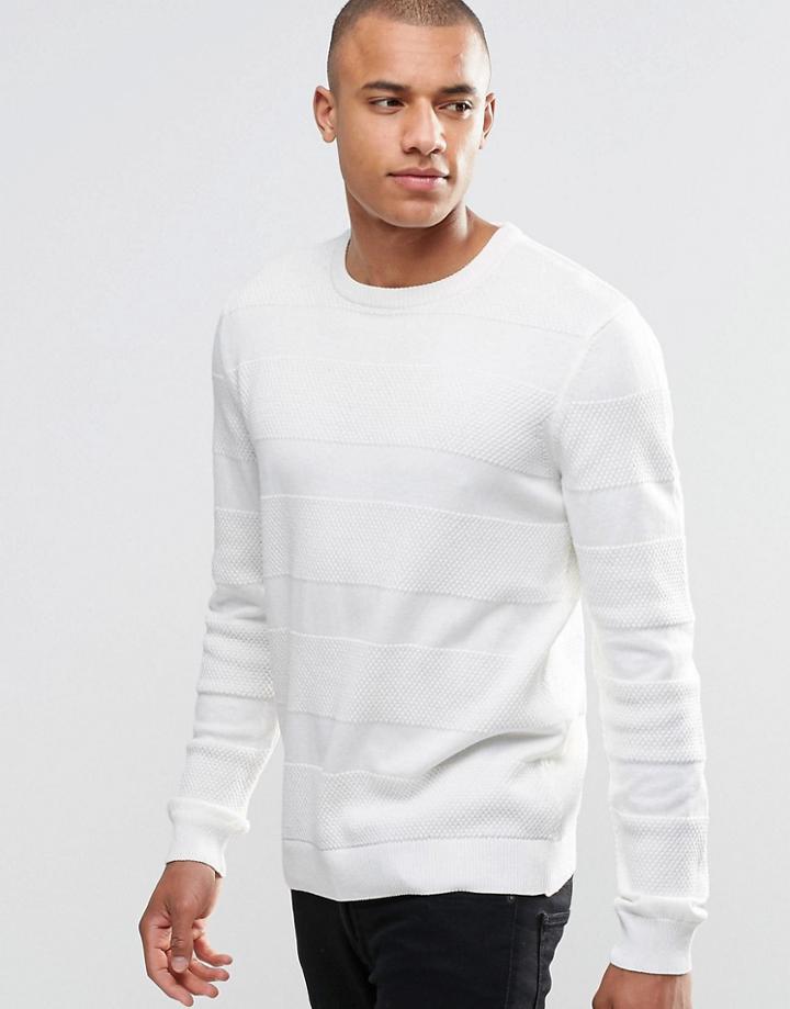 Asos Crew Neck Jumper With Textured Stripes - Ecru