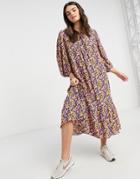 Y.a.s Smock Midi Dress With Tie Neck In Bright Floral Print-multi