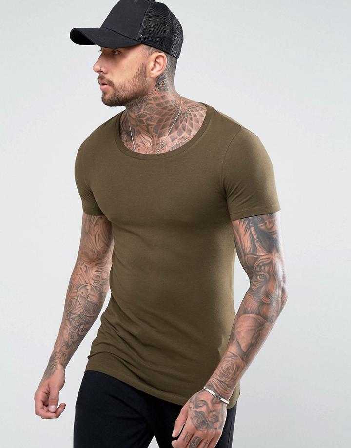 Asos Longline Muscle T-shirt In Green - Green