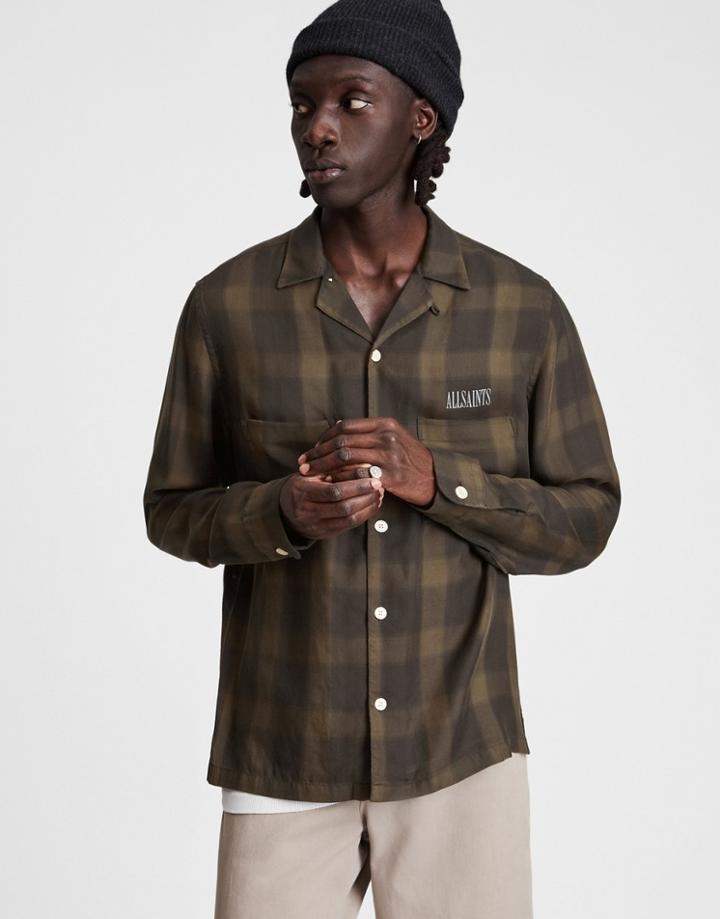Allsaints Erieville Checked Logo Shirt In Brown