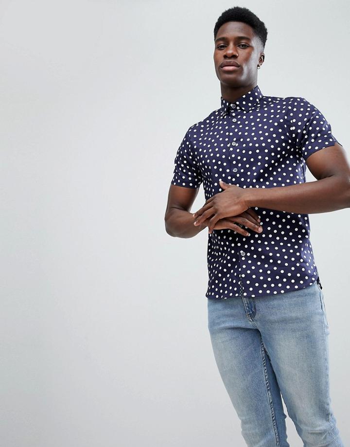Ted Baker Slim Short Sleeve Shirt In Spot - Navy