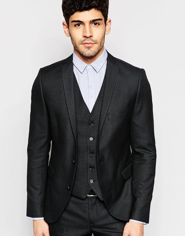 Selected Homme Skinny Check Suit Jacket With Stretch - Black
