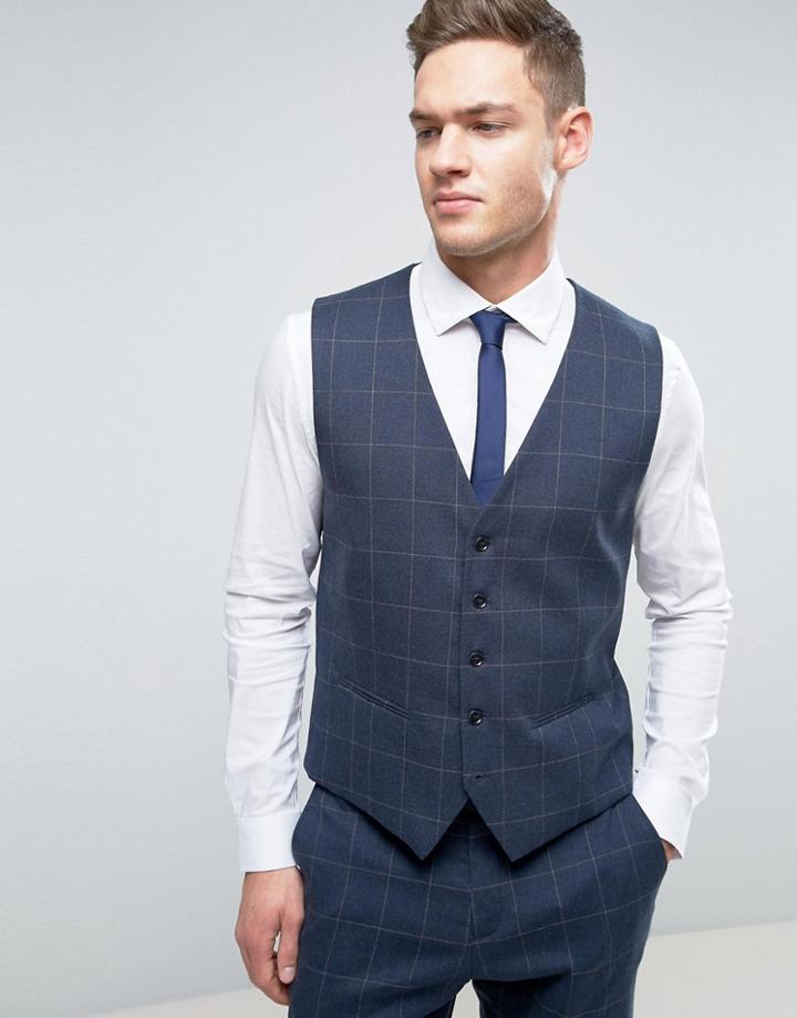 Selected Homme Slim Vest In Window Pane Check - Navy