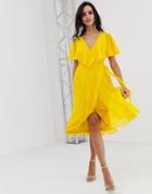 Asos Design Cape Back Dipped Hem Midi Dress - Yellow